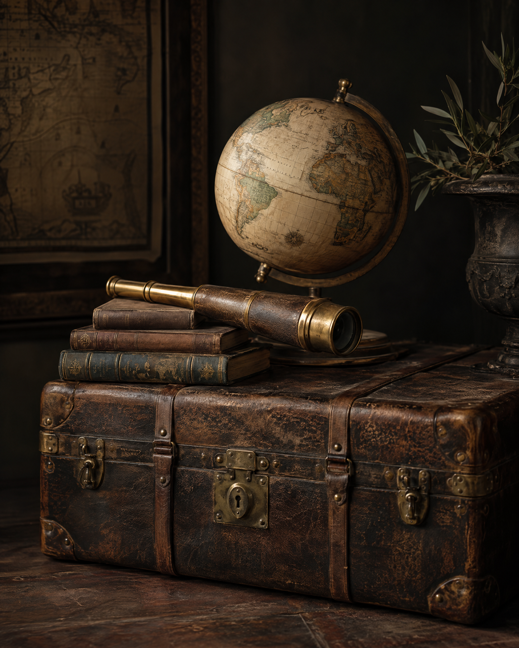 Vintage travel collectibles including a trunk and brass telescope